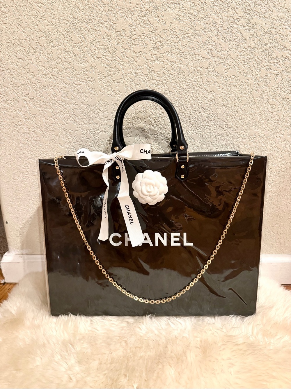 Chanel Large Shopping Bag Tote with PVC/TPU Cover and Crossbody Chain